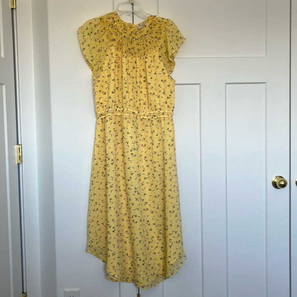 LOFT Yellow Floral Smocked Waist Midi Dress